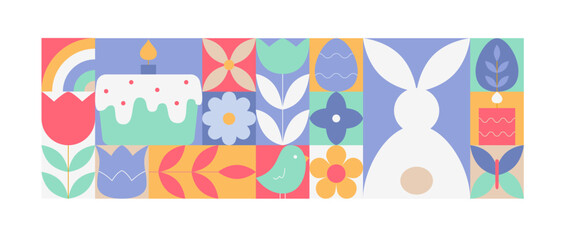 Geometric easter banner with bunny, cake, flowers, candle, chick. Square shapes kit for website, background