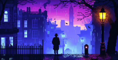 Fototapeta na wymiar 16-bit pixel art depicting a silhouetted detective standing under a glowing streetlamp on a foggy city night with a dusky sky