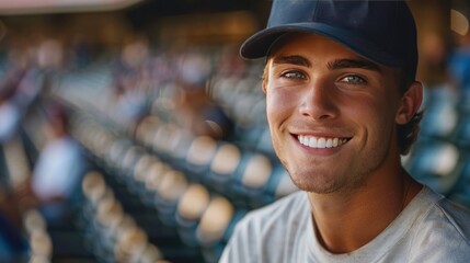 A young handsome baseball player stands and looks smiling at the camera - obrazy, fototapety, plakaty