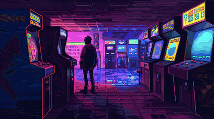 Nostalgic 80s arcade video games in pixel art minimal surrounded by retro futuristic aesthetics