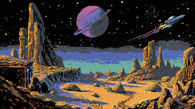 16-bit pixel art of a spaceship exploring a desert alien planet with towering rock formations under a starry sky