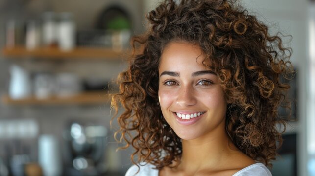 A bright and beautiful photograph of a young beautiful woman with curly hair washing dishes