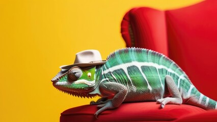 ?hameleon in hat on red sofa on yellow background. The concept of relaxation, style, and interior. Place for the text.
