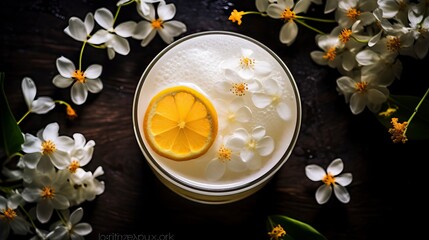 Obraz na płótnie Canvas Orange Blossom Gin Fizz drinks on a Table with Beautiful Lighting