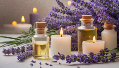 Obraz na płótnie Canvas Spa items. Beauty background with glass bottles of essential oils, candles and lavender on white wooden table. 