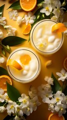 Obraz na płótnie Canvas Orange Blossom Gin Fizz drinks on a Table with Beautiful Lighting