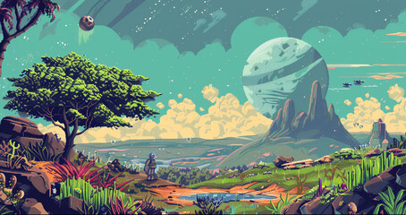 8-bit pixel art of a vibrant alien world featuring a futuristic settlement with spaceships and extraterrestrial flora