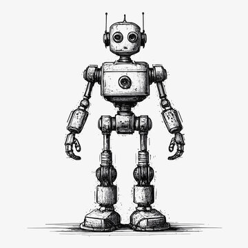 Robot Monochrome ink sketch vector drawing, engraving style vector illustration