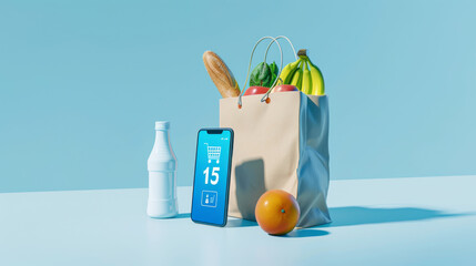 smartphone with the text "Online Grocery " on its screen, held next to a cardboard box filled with various groceries including vegetables