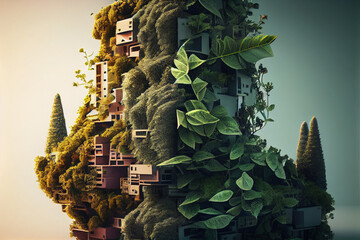 The concept of a futuristic eco-friendly vertical metropolis - a forest with a vegetative cover. Forest city. - obrazy, fototapety, plakaty