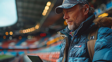 Soccer Coach standing on the sideline of a stadium soccer match looking down on a tablet.generative ai