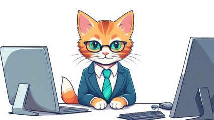 Fototapeta premium A red-haired kitten in a suit in the office at the computer.