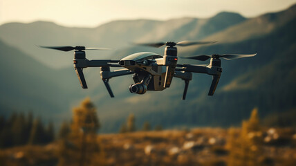 Professional military drone flies above the ground