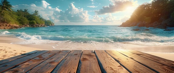 a wooden table on the beach, with the water next to it - obrazy, fototapety, plakaty