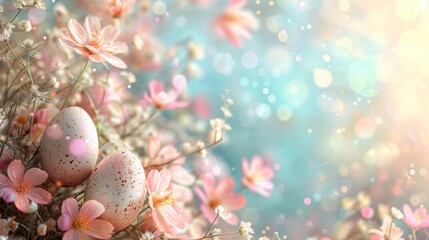 Easter pastel background with Easter eggs and flowers and large copy space