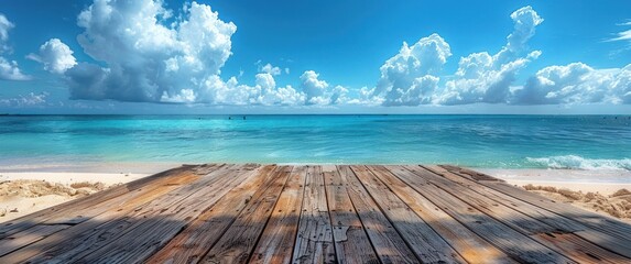 wooden board with beach background