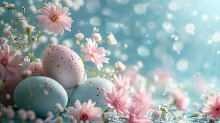 beautiful dreamy Easter pastel background with Easter eggs and flowers and large copy space