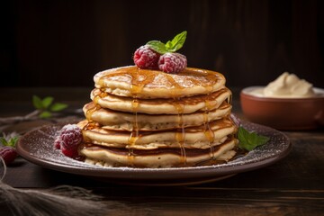 Natural light close-up photography of a tasty pancakes on a rustic plate against a rustic textured paper background. AI Generation