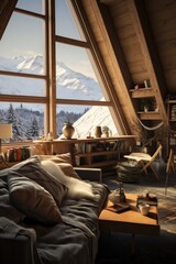 Obraz premium A cozy bedroom with a stunning view of snowy mountains. Perfect for travel or winter themes