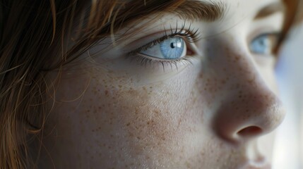 Close up of a woman's face with freckles. Suitable for beauty and skincare concepts