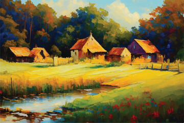 Oil painting of a Beautiful Village. Oil painting - houses in the village. Old historic Village. Oil paintings rural landscape. A rustic village scene, bathed in the ethereal glow of a heaven. 