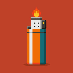 A red lighter with a burning flame. Vector illustration