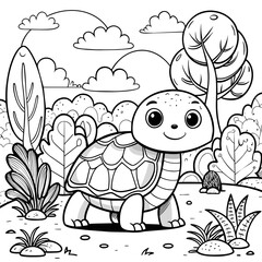 Coloring book children's turtle in the forest. Vector illustration isolated on white
