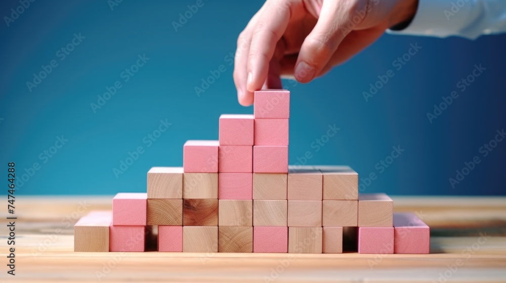 Poster person placing pink blocks into a pyramid. suitable for educational and construction concepts