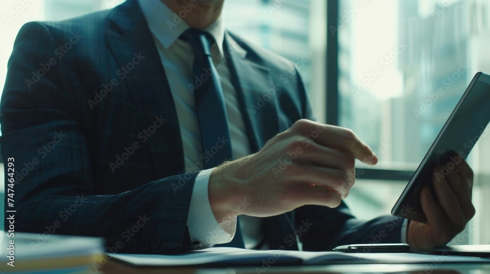 Aufkleber A man in a suit using a tablet computer. Perfect for business and technology concepts