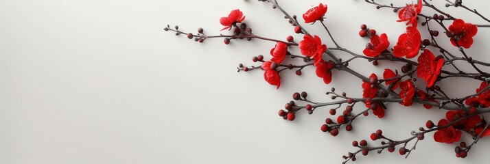 Abstract beautiful minimalistic background with red flowers and lots of space for text