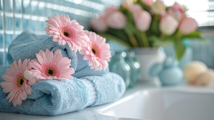 Obraz na płótnie Canvas Easter-themed Towels and Fresh Flower Arrangements