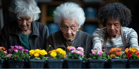 Several elderly women standing together, observing a display of vibrant flowers
