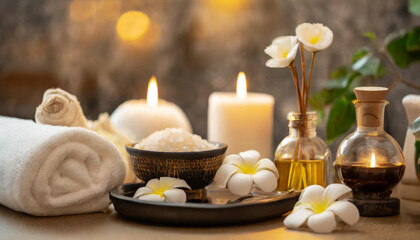 Atmospheric spa backdrop with candles, plumeria, bowl of salt, oil, massage stones and towels on light background
