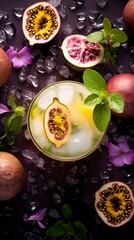 Obraz na płótnie Canvas Passion Fruit Caipirinha drinks on a Table with Beautiful Lighting
