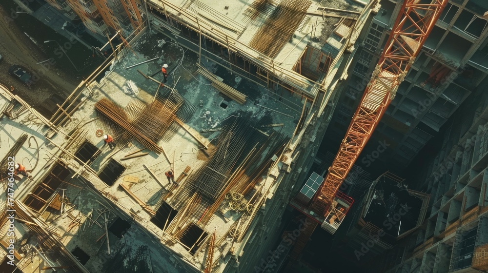 Poster a construction site with a crane and a building under construction. ideal for construction industry 