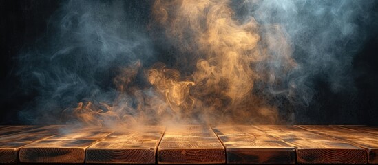 empty wooden table with smoke - obrazy, fototapety, plakaty