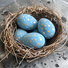 painted blue easter eggs in nest