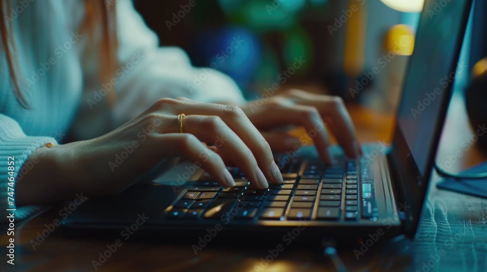 Poster close up of a person typing on a laptop. suitable for technology concepts