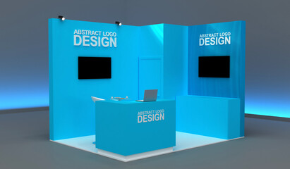 Empty stand or booth in a tradeshow. 3d render exhibition mockup. Virtual exhibition. Exhibition blue stand mockup and flat used for branding and Corporate identity.	
