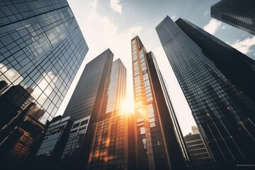 Sunlight shining through modern skyscraper windows, ideal for urban themes
