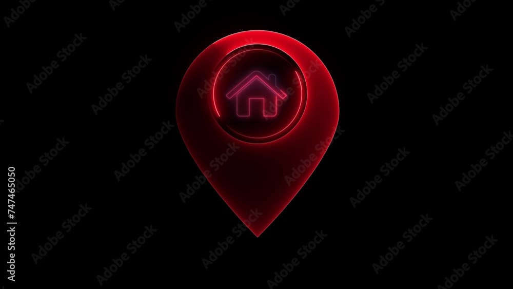 Poster glowing neon line map pointer with house icon isolated on black background. home location marker sym