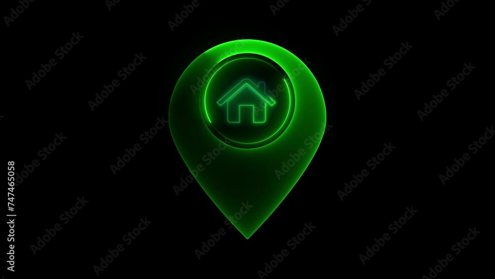 Poster glowing neon line map pointer with house icon isolated on black background. home location marker sym