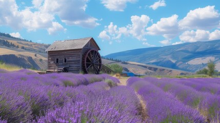 Rustic Wooden Mill Amidst Vibrant Lavender Field