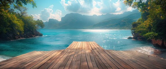 a wooden deck with view of the ocean