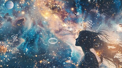 Mulher em silhueta admirando o vasto universo, cabelos ao vento entre nebulosas e símbolos astronômicos.