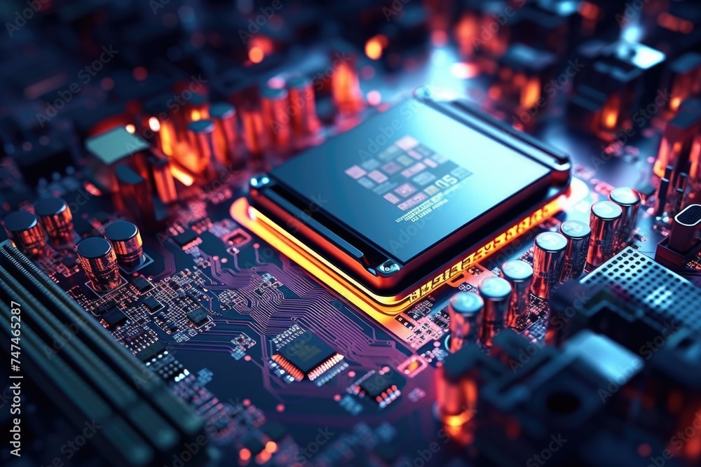 Poster Detailed view of a computer motherboard. Suitable for technology concepts