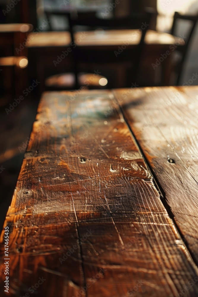 Poster close up of a wooden table with chairs in the background. ideal for interior design concepts