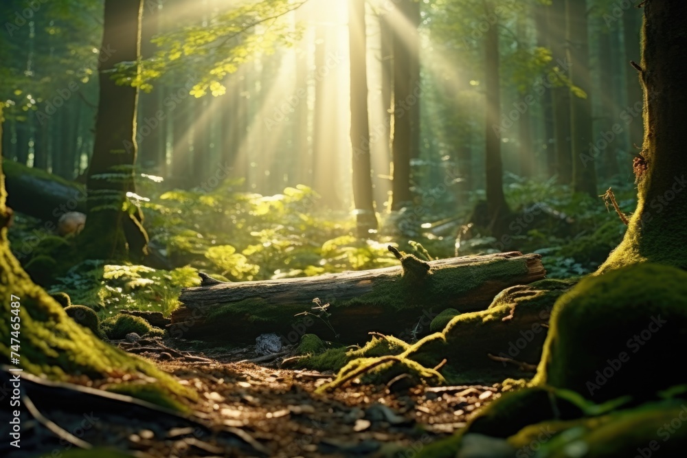 Poster Sunlight filtering through dense forest, ideal for nature concepts