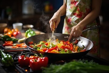 A woman cooking vegetables in a wok on a stove. Suitable for cooking or healthy lifestyle concepts