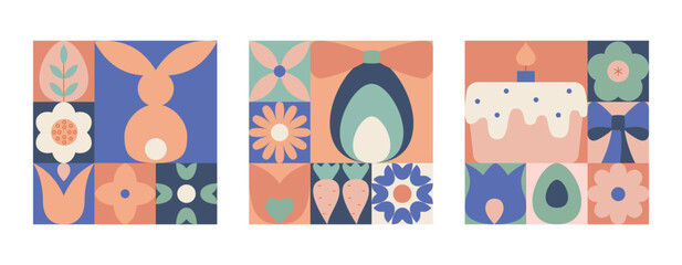 Abstract modern square easter geometric cards, banners. Spring, easter postcards with flowers, bunny, eggs